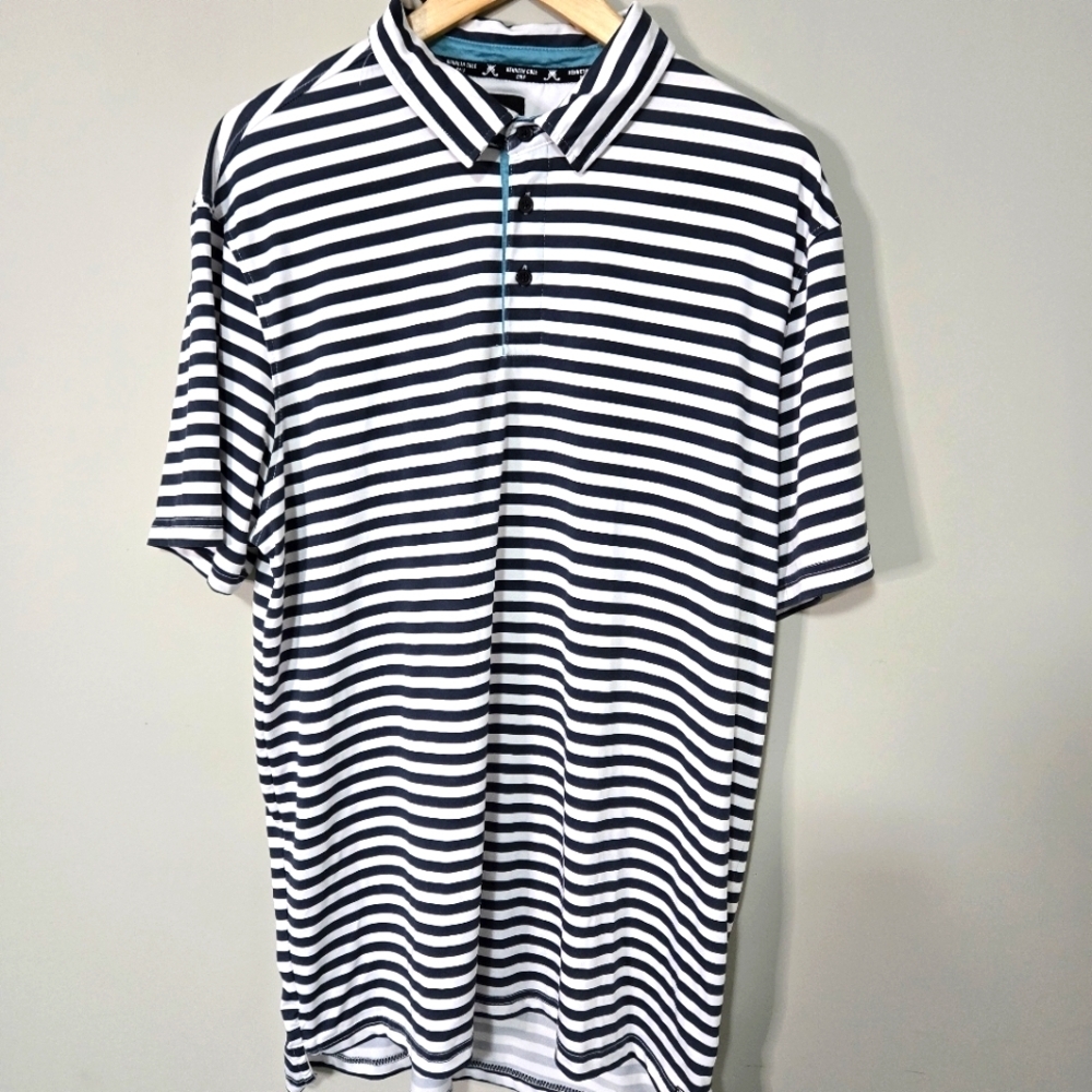 KENNETH COLE golf Mens large Dark Navy and white stripe Polo shirt